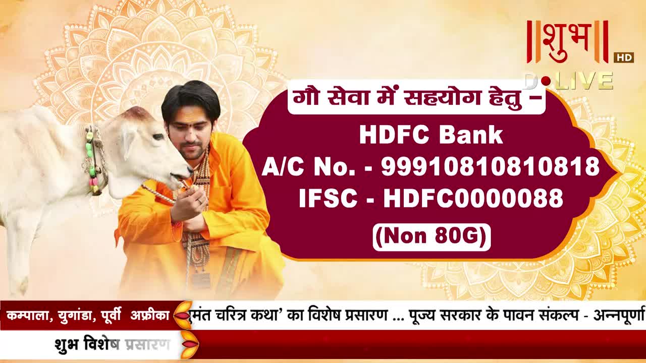 A man in an orange robe sits beside a small white cow, holding something small in his hands. On the screen, a message from Shubh TV asks for donations to help with cow care, with bank details displayed.
