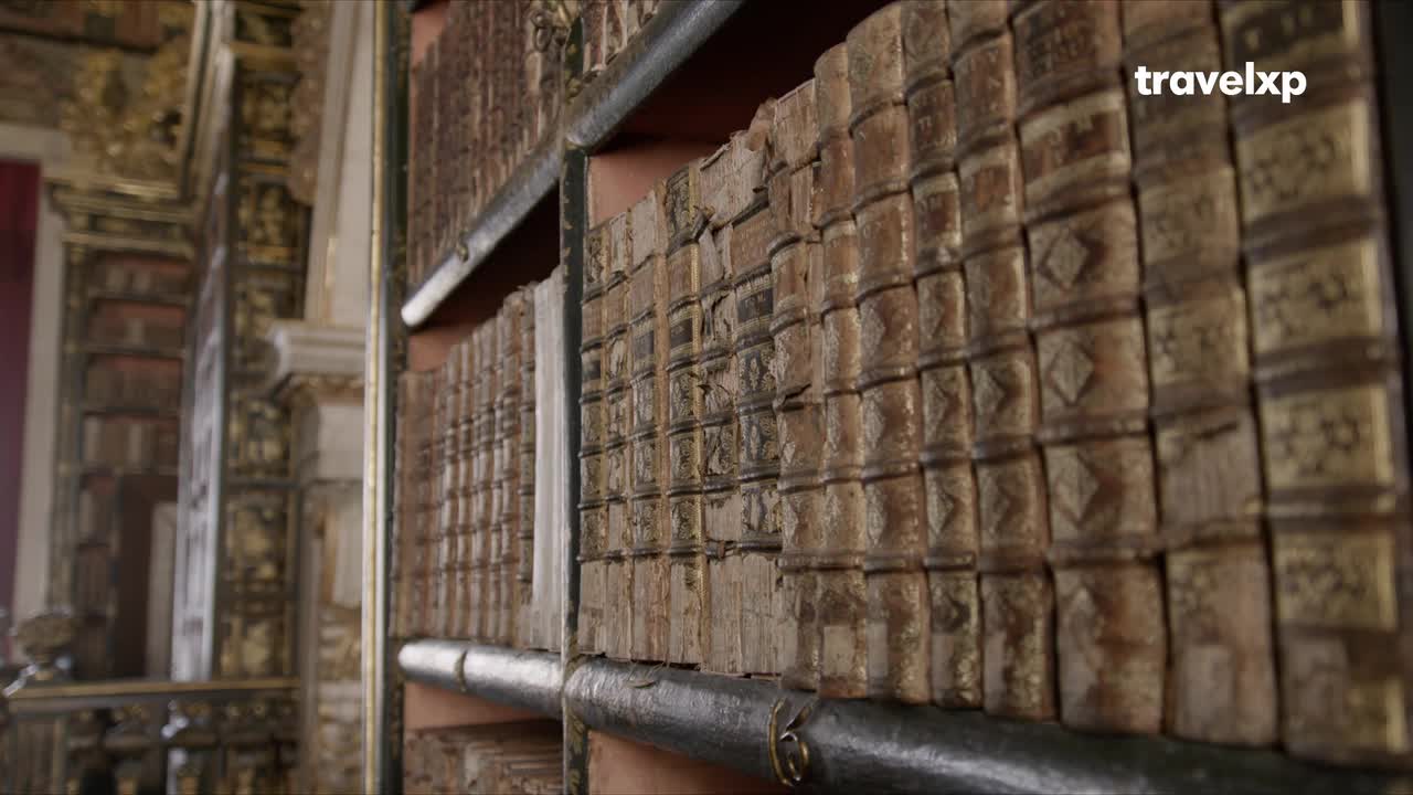 A wall of aged books fills the frame, their spines a warm, weathered brown. The camera focuses on the intricate details of the covers, likely in a library somewhere in India, as seen on Travelxp.
