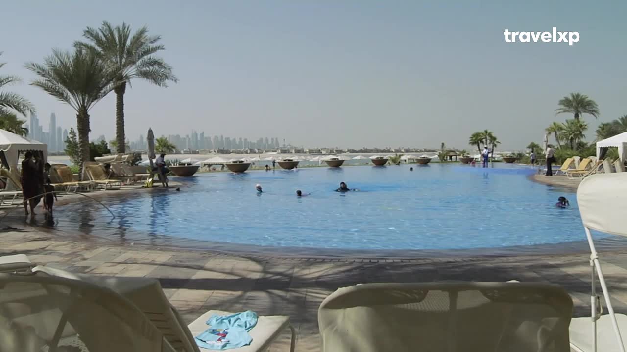 People are swimming in a large, blue pool, with a city skyline visible in the distance. Palm trees and lounge chairs surround the pool, and the sun is bright.
