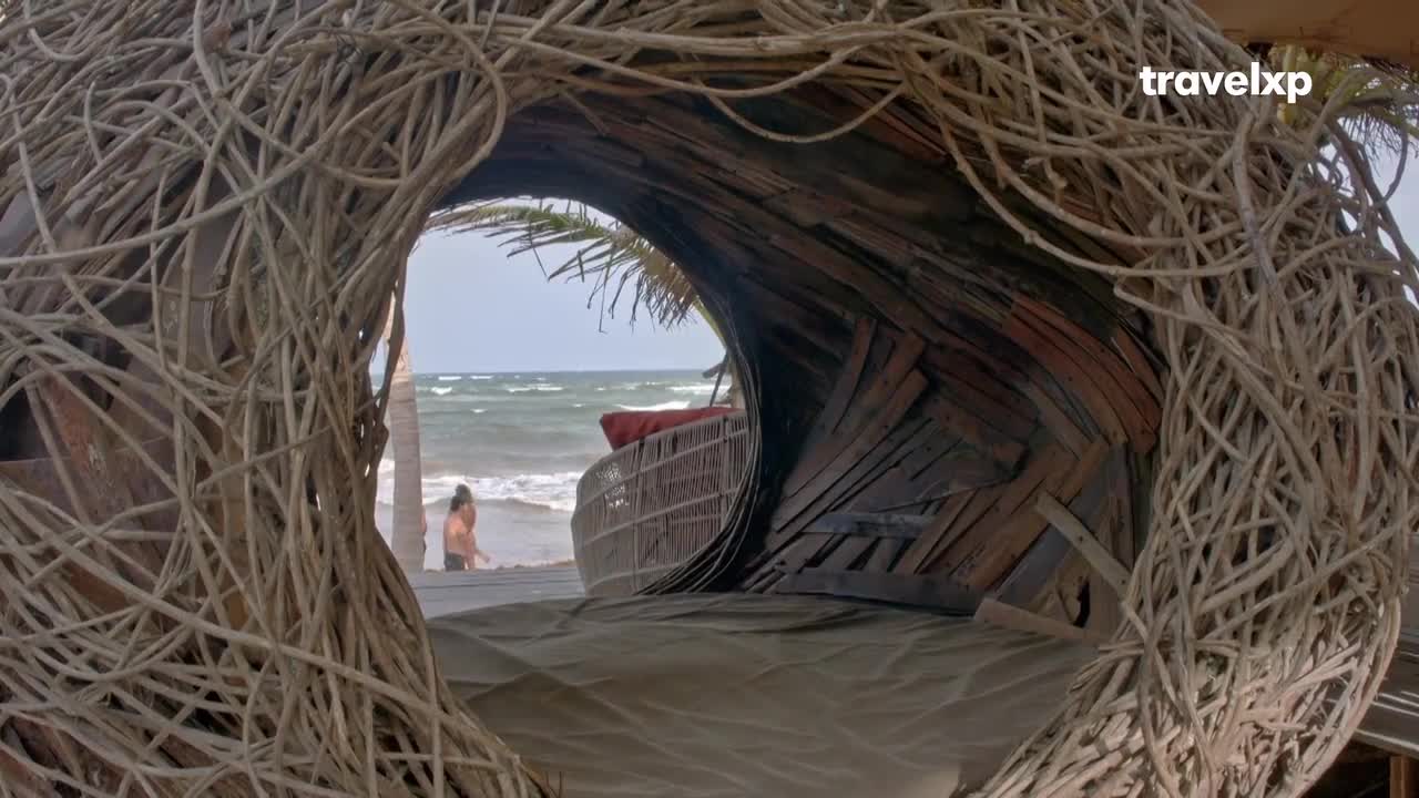 A woven structure frames a view of the ocean, with a person walking along the shore. The waves are choppy, and the sky is overcast.
