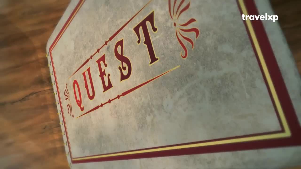 A sign reading "QUEST" in ornate red lettering is angled towards me. The Travelxp logo sits in the corner, and the whole thing looks like it's part of a show's intro.
