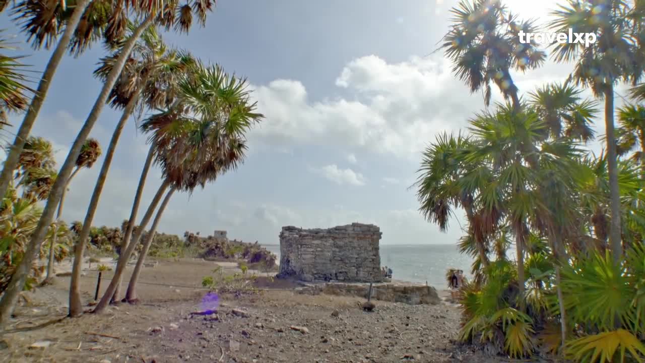 Palm trees sway gently in the breeze, framing a weathered stone structure on the coast. The turquoise sea stretches out beyond, reflecting the bright sunlight breaking through the clouds.
