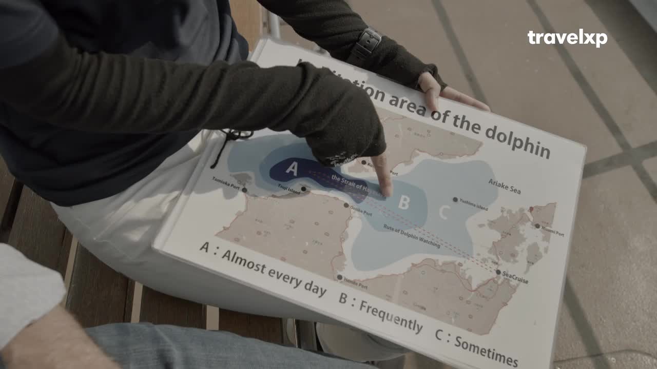 Someone is pointing at a map detailing dolphin watching areas, explaining the frequency of sightings. The Travelxp logo is visible, suggesting a travel-related program or presentation.
Someone is pointing at a map detailing dolphin watching areas, explaining the frequency of sightings. The Travelxp logo is visible, suggesting a travel-related program or presentation.