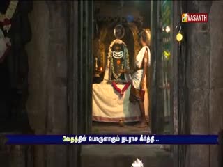 A man in white stands near the shrine, facing a deity adorned with garlands. The Vasanth TV logo is visible, and a caption scrolls across the bottom of the screen.
