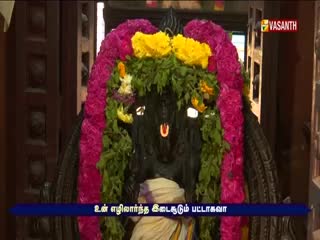 A dark statue, adorned with garlands of pink and yellow flowers, stands in a dimly lit space. The Vasanth TV logo is visible in the top right corner, and a blue banner with Tamil text runs along the bottom.

