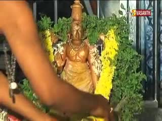 Someone is arranging flowers around a golden statue, likely part of a religious ceremony. The Vasanth TV logo is visible in the corner, suggesting this is being filmed in India.
