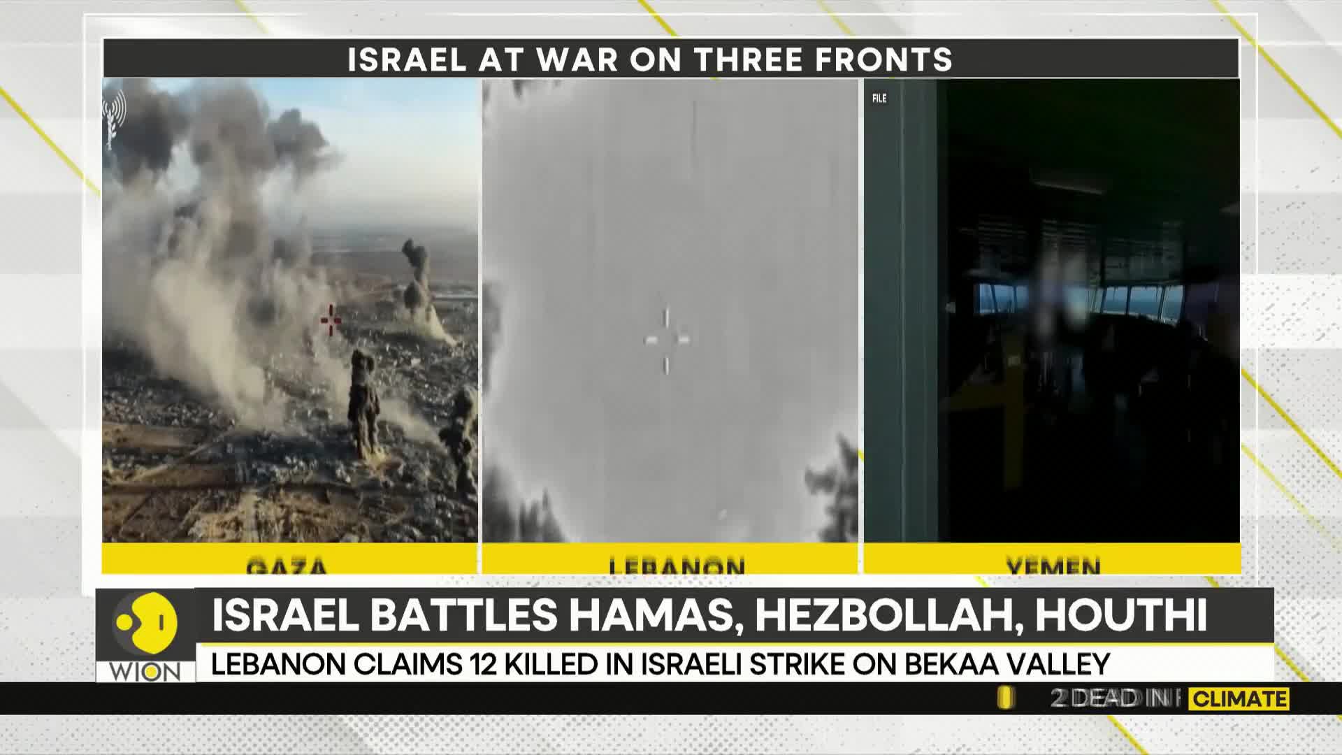 Smoke billows over a landscape, with figures visible amidst the destruction in Gaza. The WION news graphic highlights conflict across multiple fronts.
