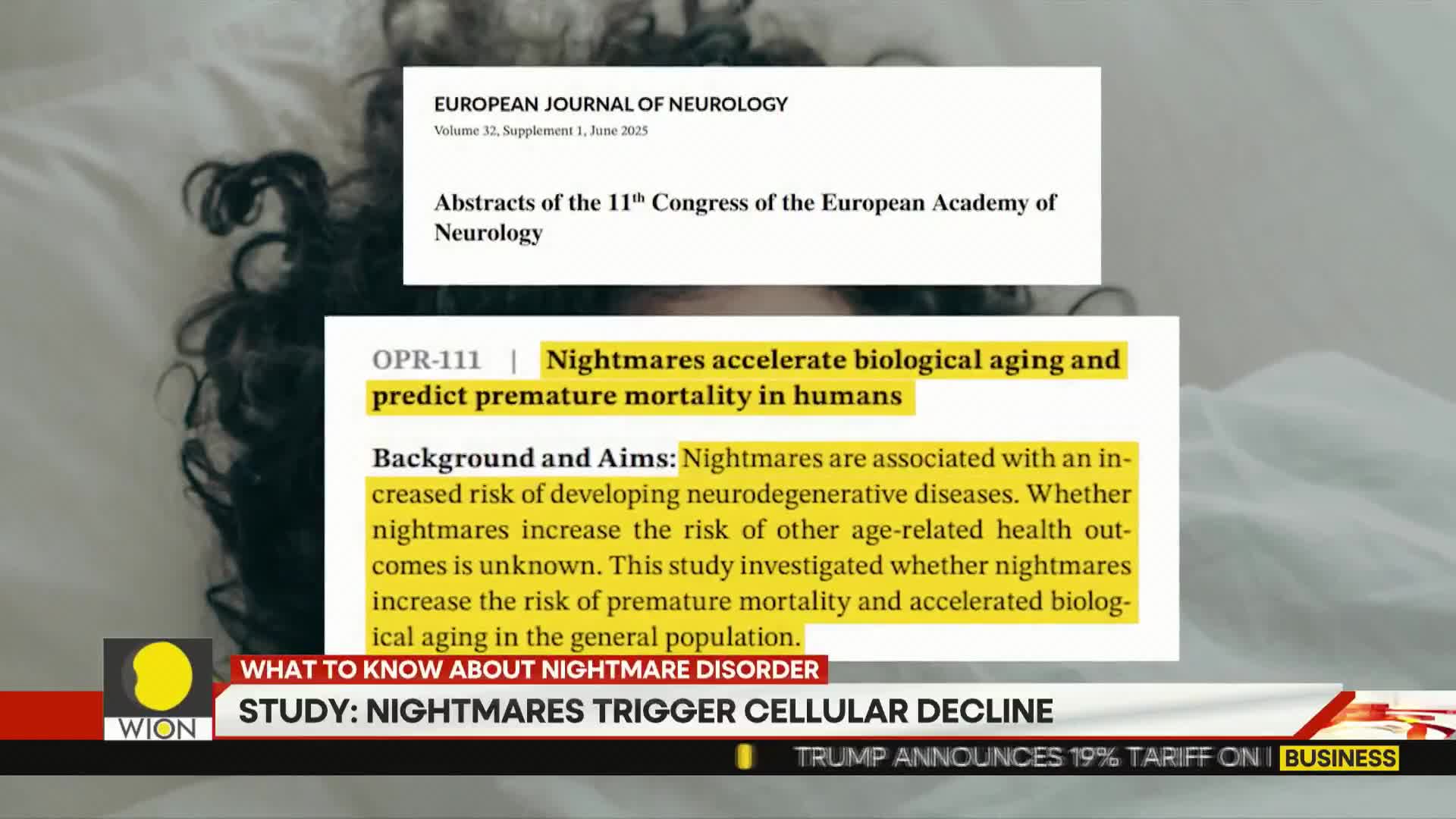 A news segment from WION, an Indian news outlet, highlights a study on nightmares and their impact on health. The screen displays a scientific abstract about the link between nightmares and premature mortality.
