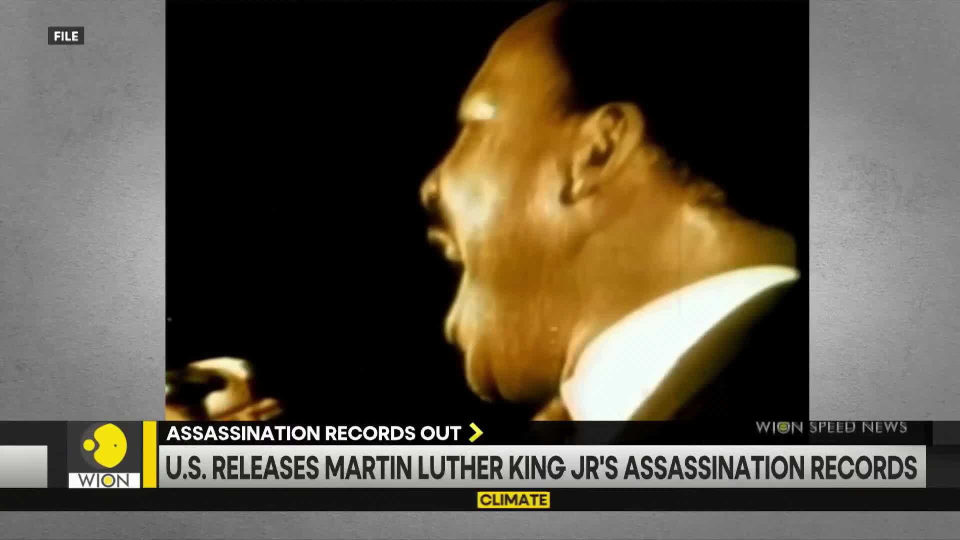 A profile of Martin Luther King Jr. is visible, lit in warm tones against a dark background. The WION news ticker below announces the release of assassination records.
