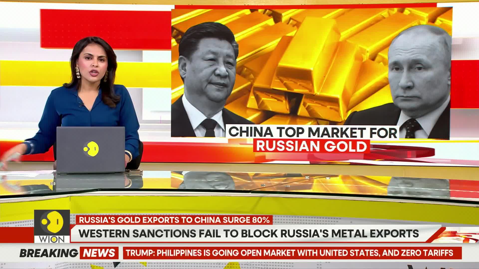 A news anchor from WION gestures while speaking, with a graphic behind her showing images of Xi Jinping and Vladimir Putin next to gold bars. The headline reads that China is the top market for Russian gold.
