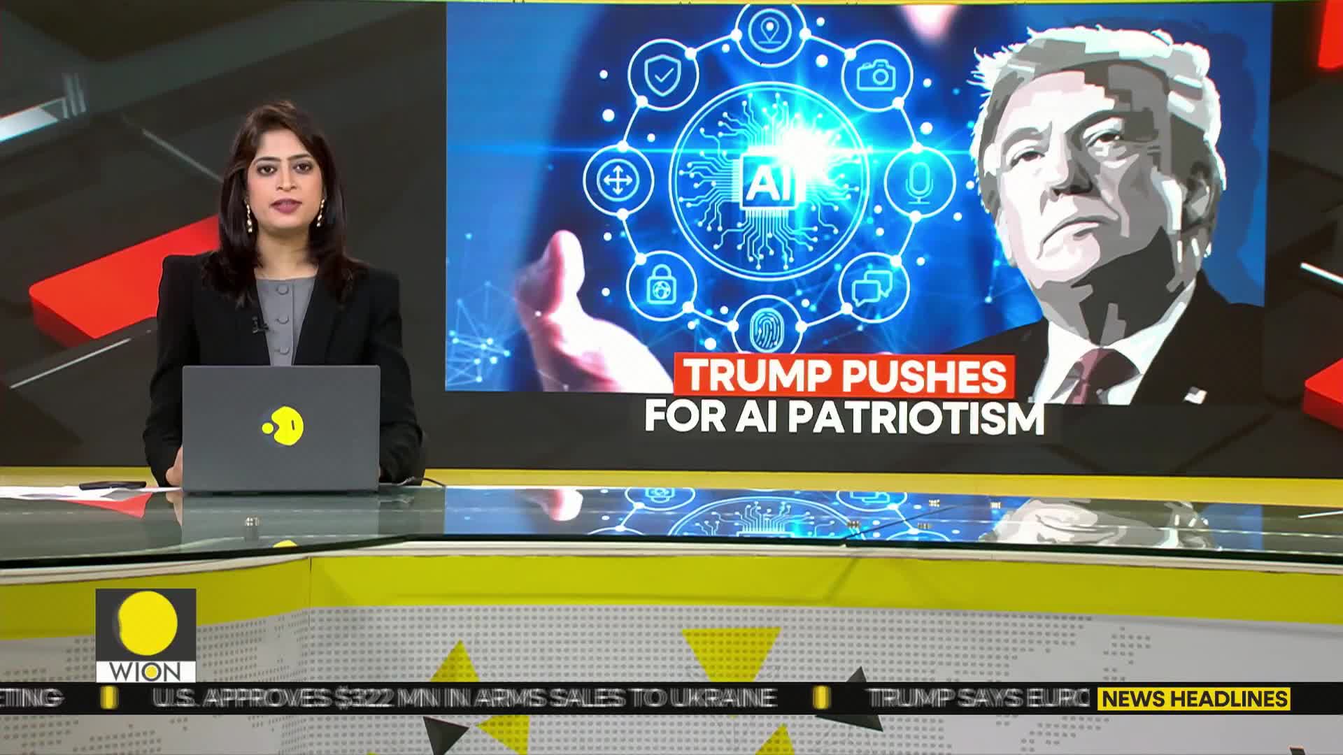 A news anchor in a black blazer sits behind a desk, looking directly at the camera. Behind her, a screen displays a graphic about AI and Donald Trump, with the WION logo visible in the lower-left corner.
