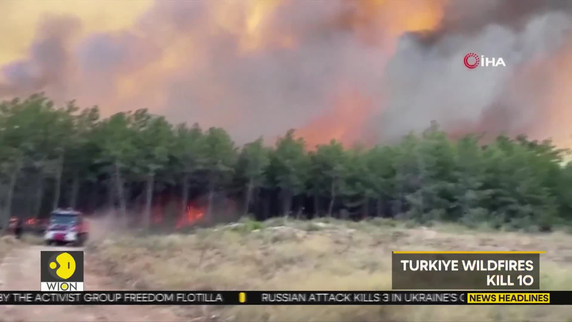 A fire rages at the edge of the forest, with flames visible at the base of the trees. Smoke billows into the sky, tinged with orange from the intense heat.
