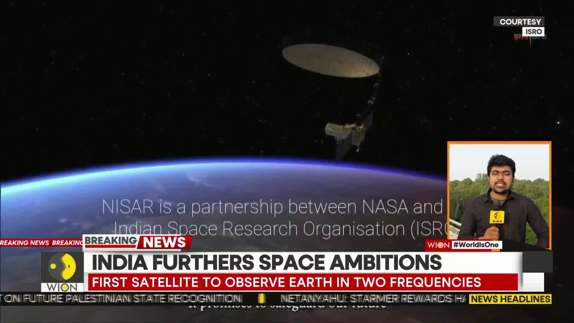 A satellite floats in space, its metallic surfaces reflecting light above the blue curve of Earth.  A news anchor from WION is speaking, reporting on India's space program.

