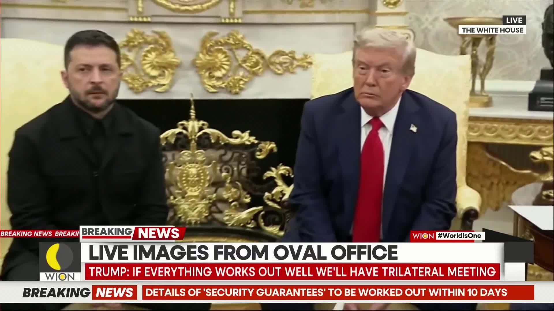 In the Oval Office, two men sit side-by-side, the one on the left in a black outfit, the one on the right in a blue suit and red tie. A WION news graphic at the bottom of the screen announces "LIVE IMAGES."
