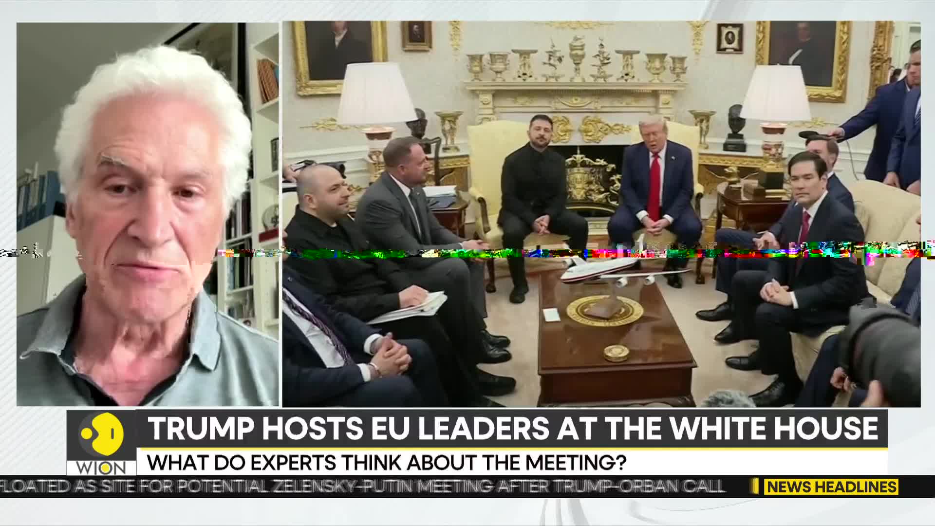 A man with white hair is speaking from a screen, while a White House meeting unfolds in the background. The WION news graphic at the bottom highlights the meeting between Trump and EU leaders.
