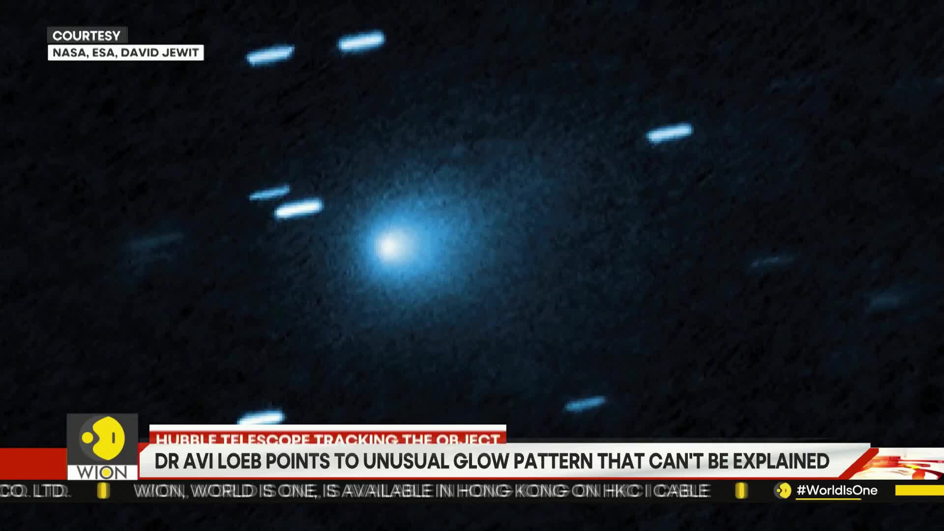 A bright, glowing orb dominates the center, surrounded by several smaller, elongated streaks of light. The WION news ticker below highlights an unexplained glow pattern tracked by the Hubble Telescope.
