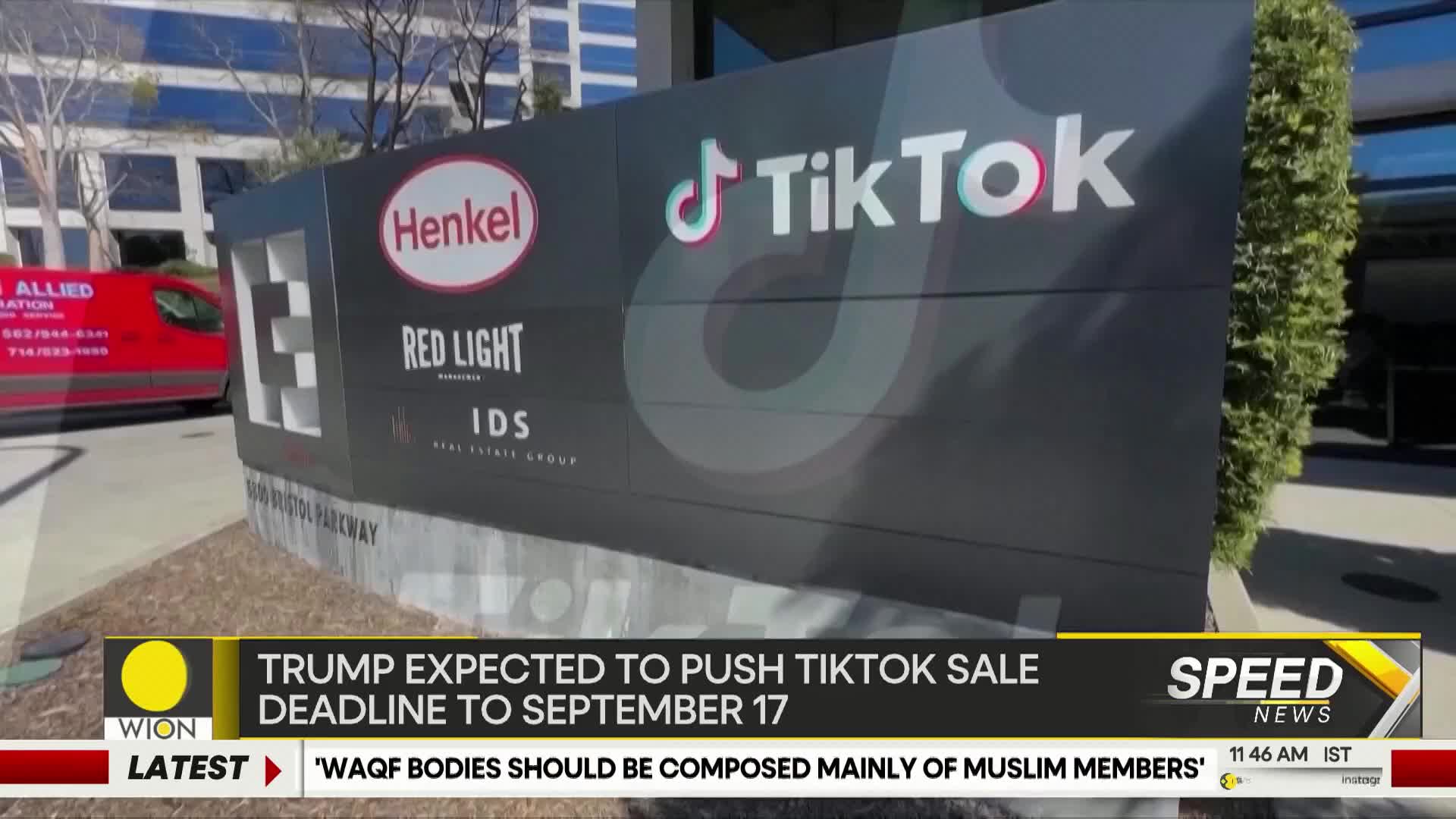 A large sign, bearing the TikTok logo, stands prominently in front of a building. The WION news ticker at the bottom of the screen reports on Trump's expected push for a TikTok sale.
