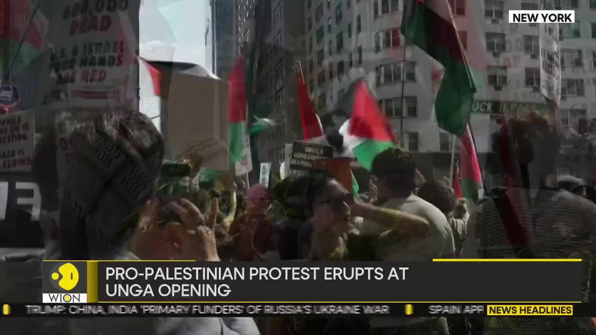 Red, white, and green Palestinian flags are waving above a crowd of people. Signs with writing are held up as the protest unfolds, captured by WION.
