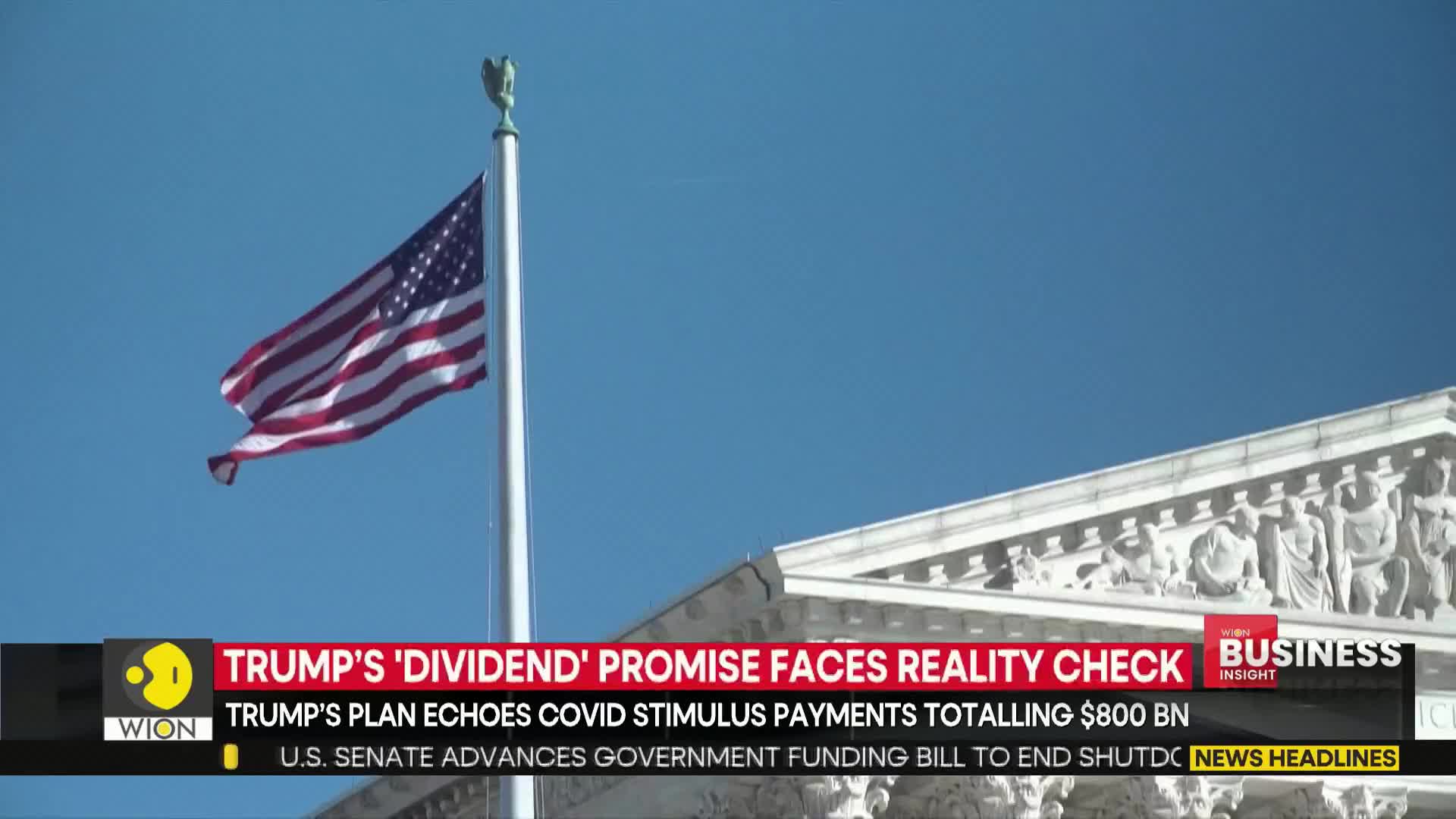 An American flag ripples in the breeze against a clear blue sky, its stripes and stars visible. Below, a news ticker from WION displays headlines about Trump's economic plans.
