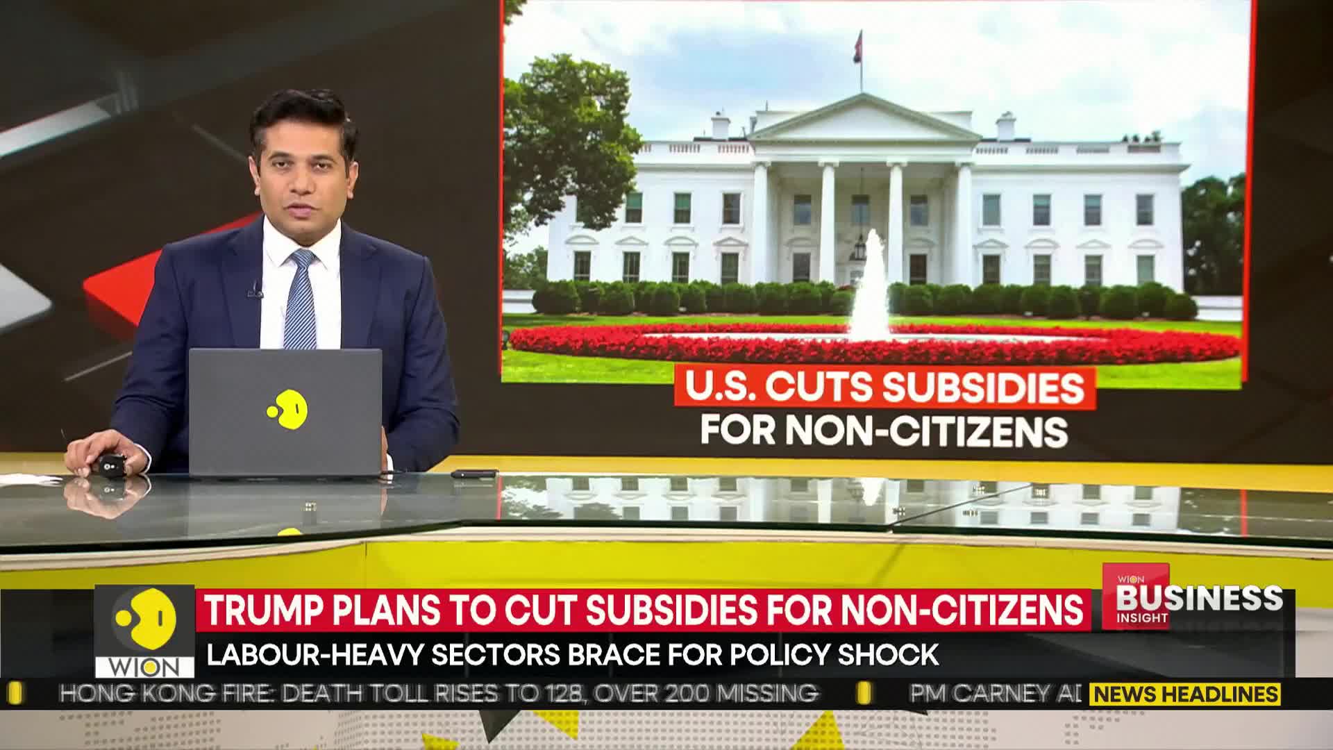 A news anchor, likely from WION, sits behind a desk, the White House visible on a screen behind him. The headline announces U.S. plans to cut subsidies, with other news headlines scrolling below.
