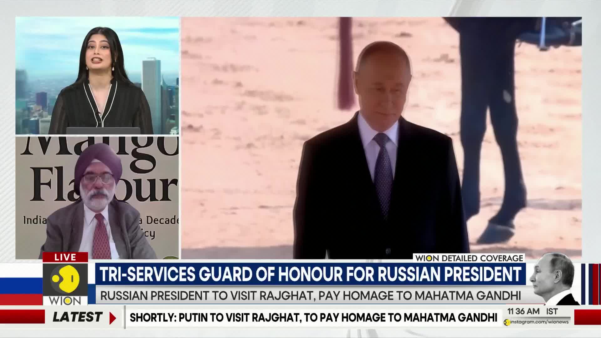 The Russian President, in a dark suit, walks forward, his gaze directed downward. Behind him, the legs of what appears to be a horse are visible.
