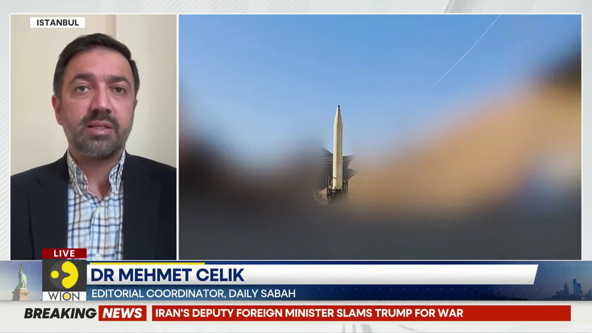 A missile is ascending into a clear blue sky, leaving a faint contrail. Below, a man in a suit speaks on a screen, identified as Dr. Mehmet Celik, Editorial Coordinator for Daily Sabah.