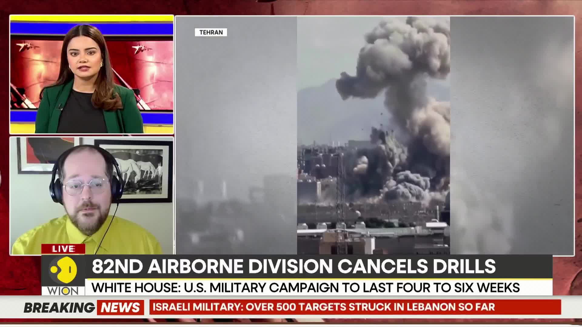 A massive explosion erupts, sending a thick plume of smoke skyward over a city. On the screen, a WION anchor discusses the unfolding events with an analyst.