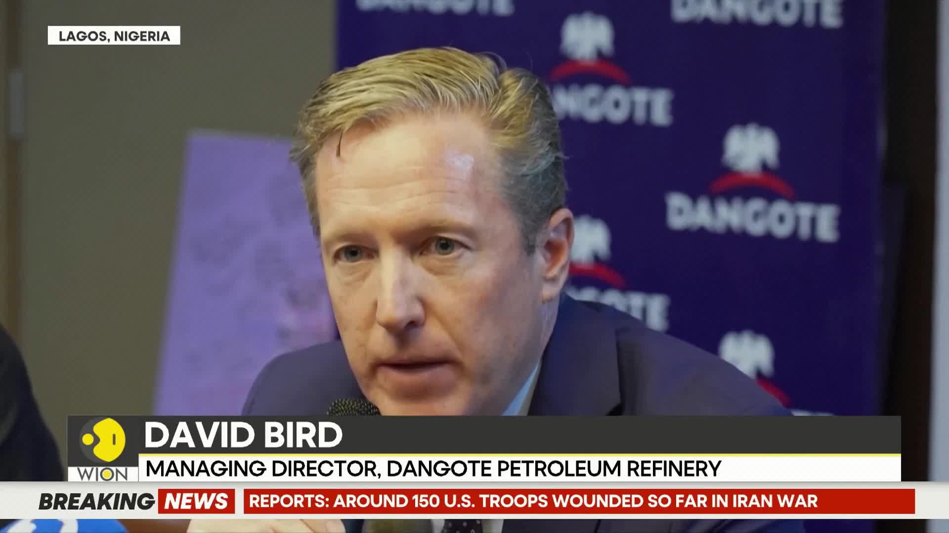 David Bird, Managing Director of Dangote Petroleum Refinery, speaks at a press conference in Lagos, Nigeria. A WION breaking news ticker scrolls at the bottom of the screen.