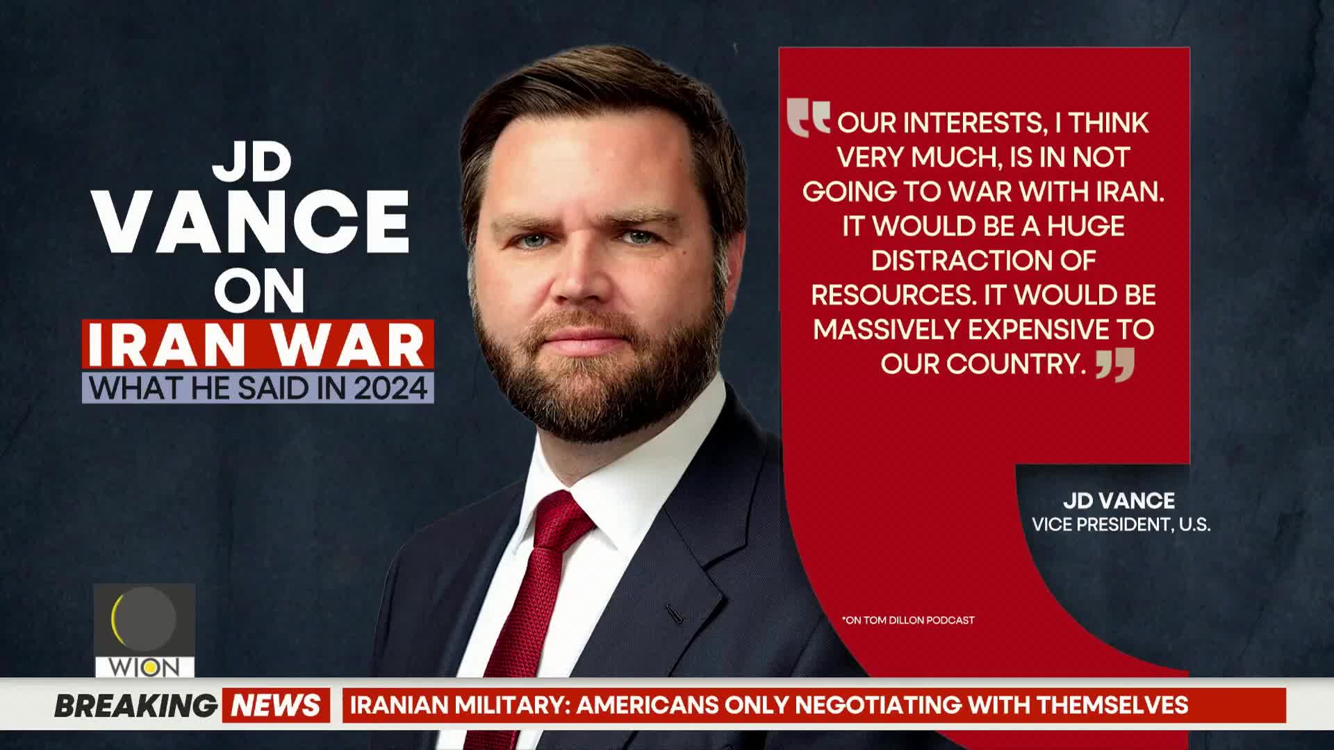 A man's face fills the frame, his gaze direct. Text overlays the image, announcing "JD VANCE ON IRAN WAR WHAT HE SAID IN 2024."