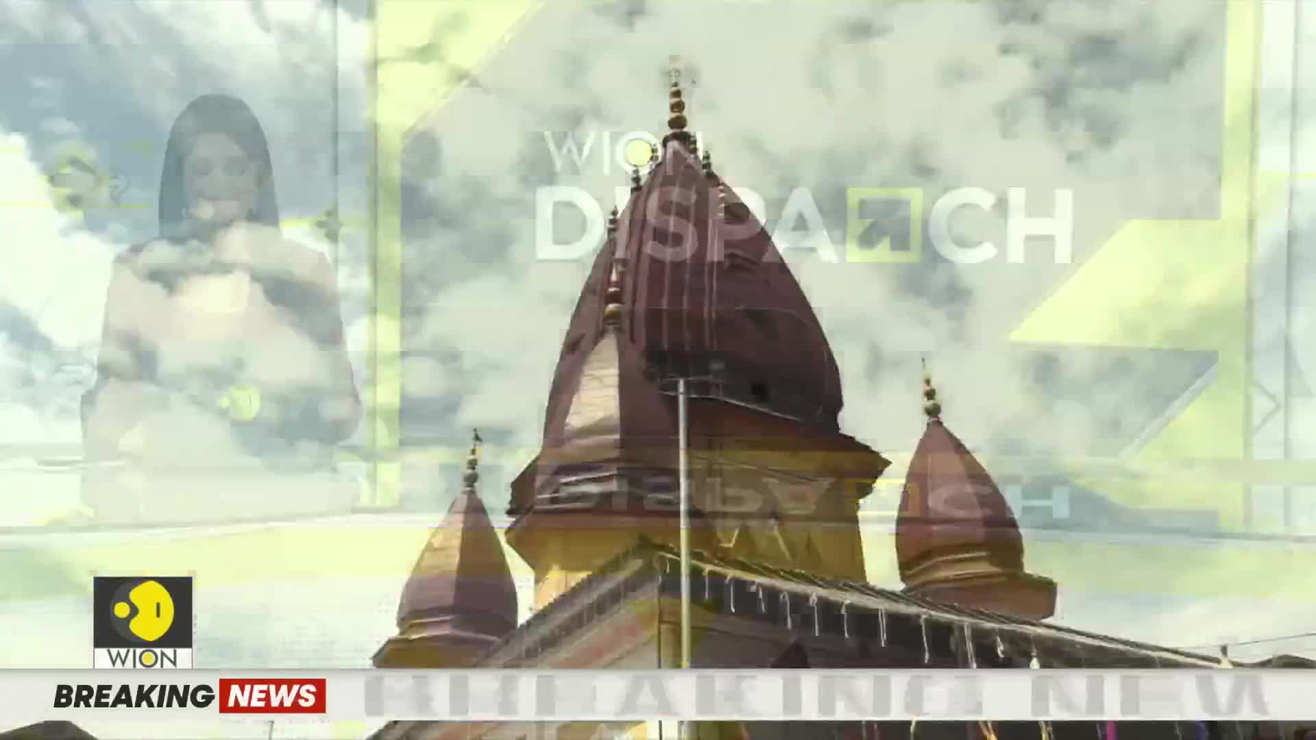 A news anchor appears on screen, superimposed over the ornate domes of a temple. The WION logo and "BREAKING NEWS" flash across the bottom, indicating a report from India.