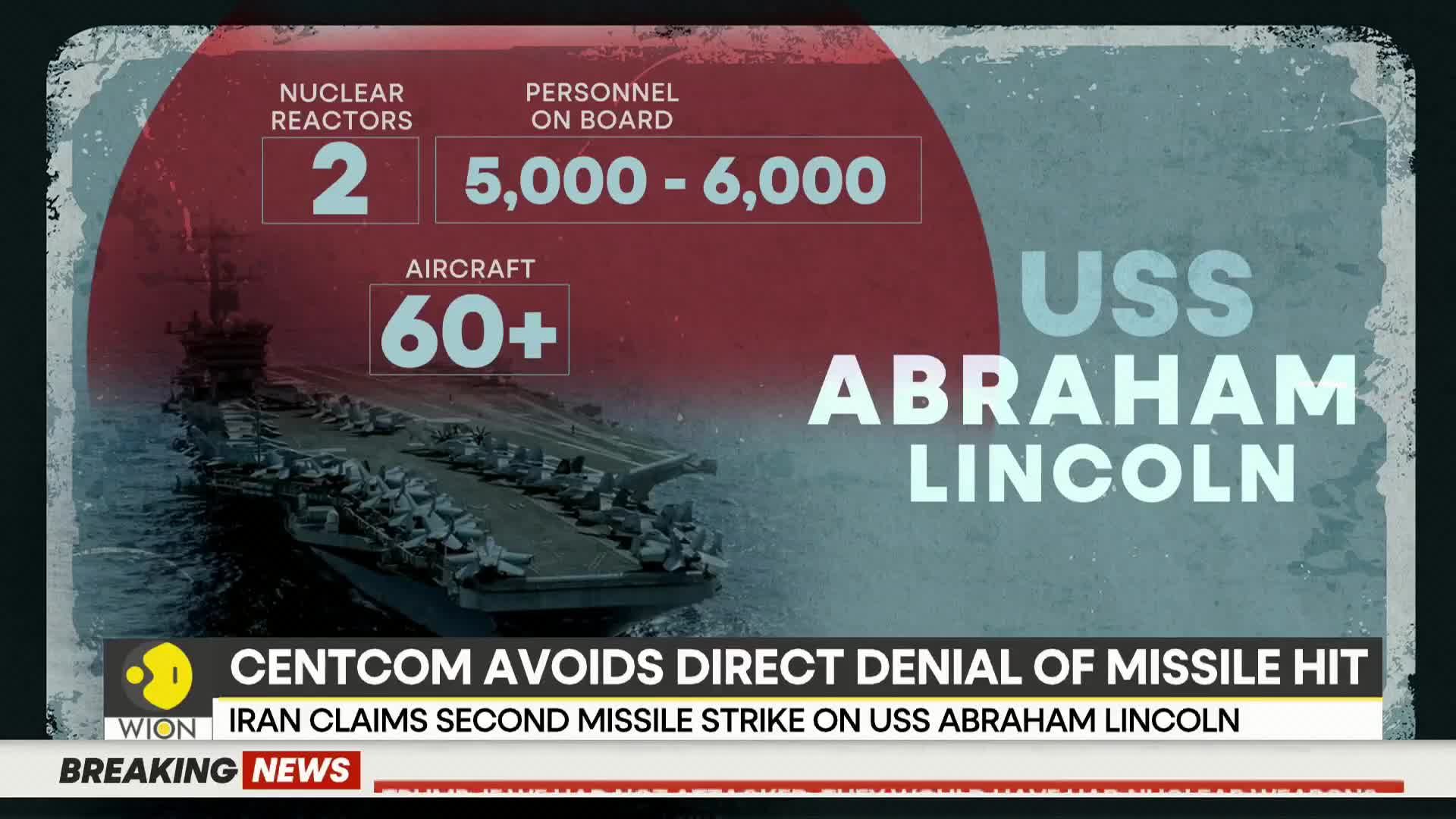 The USS Abraham Lincoln, a massive aircraft carrier, sits anchored with its deck packed with aircraft. A news chyron from WION reports Iran's claim of a second missile strike on the vessel.