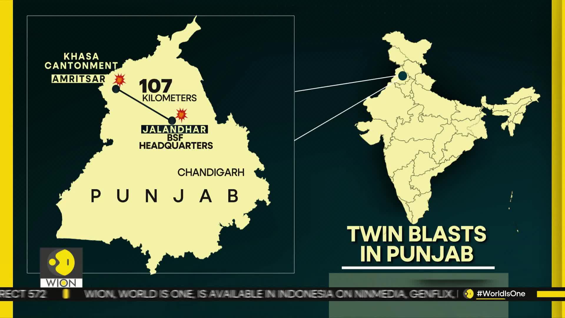 A map of Punjab highlights two locations, Amritsar and Jalandhar, with a line connecting them and marking 107 kilometers. Another map of India shows a pinpoint in Punjab, with text below reading "TWIN BLASTS IN PUNJAB."