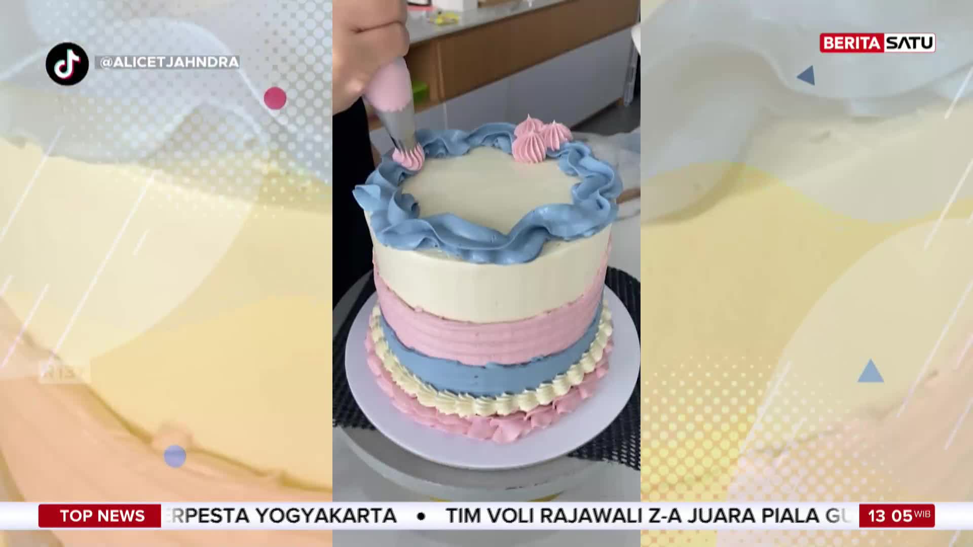A hand squeezes a piping bag, adding pink frosting flowers to the top of a layered cake. The scene is part of a BeritaSatu English broadcast, with TikTok branding visible.
