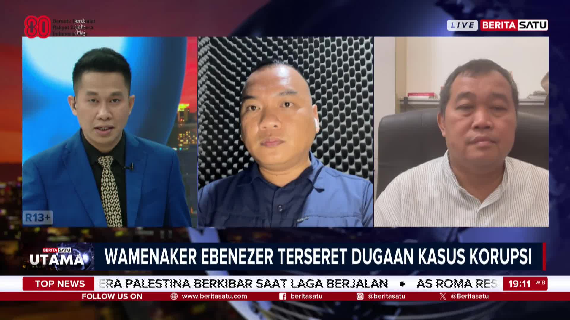 Three men are on screen, the BeritaSatu English news broadcast is underway. The anchor in a blue suit is speaking, and two other men are in separate video feeds.
