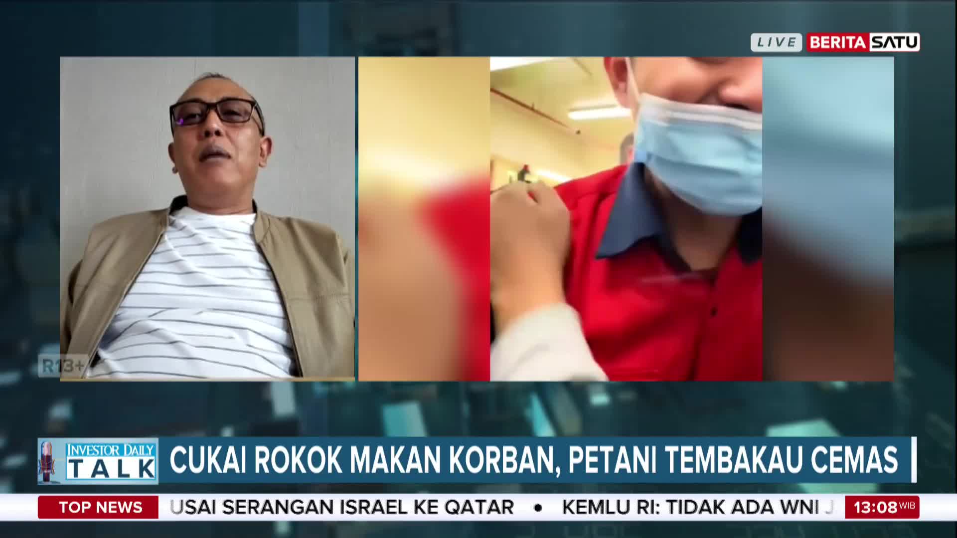 A man in glasses speaks on the left, while a masked person in a red shirt appears to receive an injection on the right, as reported by BeritaSatu English. The news segment focuses on the concerns of tobacco farmers in Indonesia.
