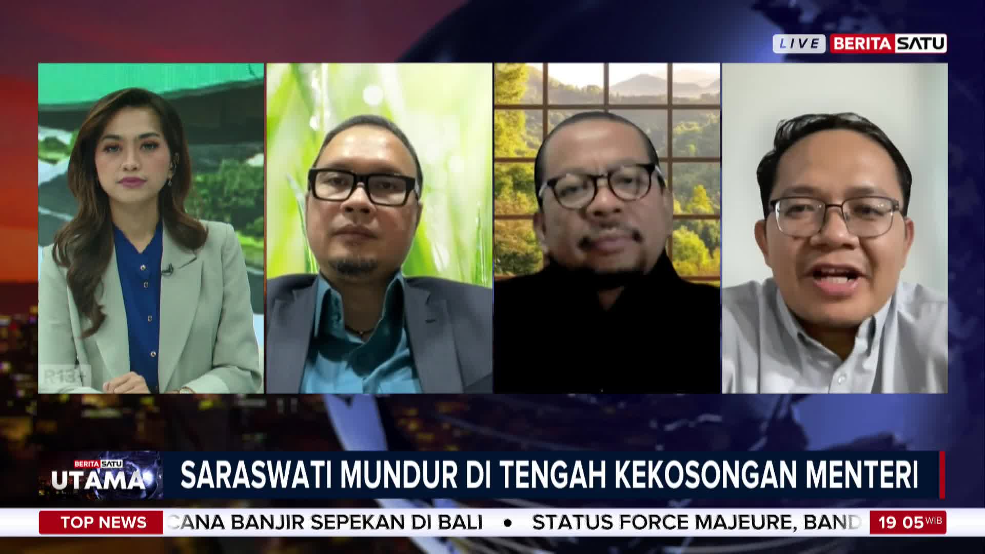 On a BeritaSatu English broadcast, a woman in a blazer sits to the left, while three men appear in individual boxes to the right, discussing Saraswati's resignation amid the ministerial vacancy. The chyron at the bottom highlights "Top News" and other Indonesian news.
