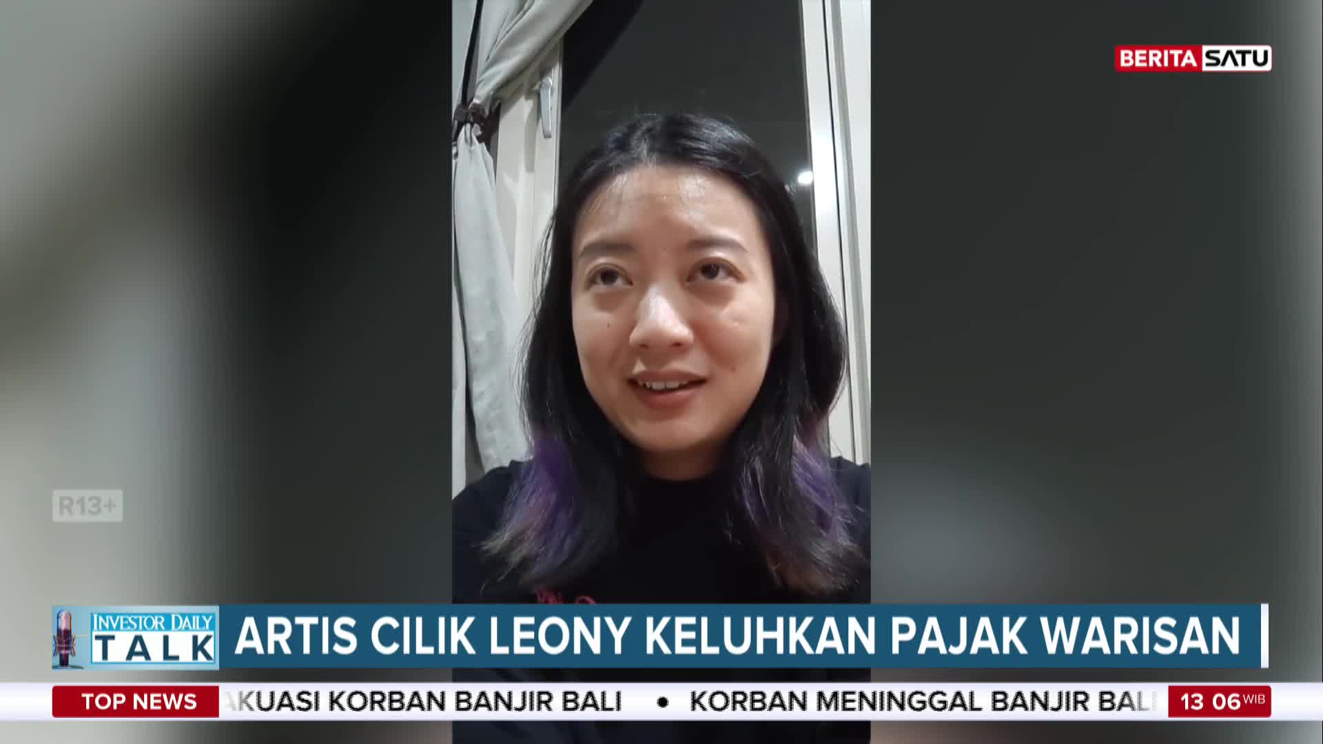 Leony, an Indonesian actress, is speaking on a BeritaSatu English broadcast. The lower third shows the title "Investor Daily Talk" and a headline about her complaints on inheritance tax.
