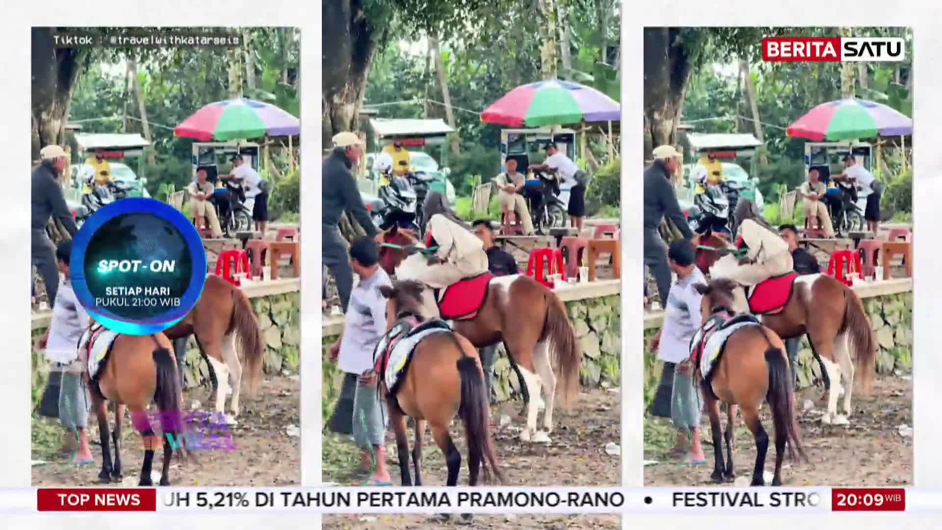 A young girl, dressed in light clothing, sits atop a brown and white pony, holding its reins. Another pony, similarly adorned, stands beside it, its tail swishing.