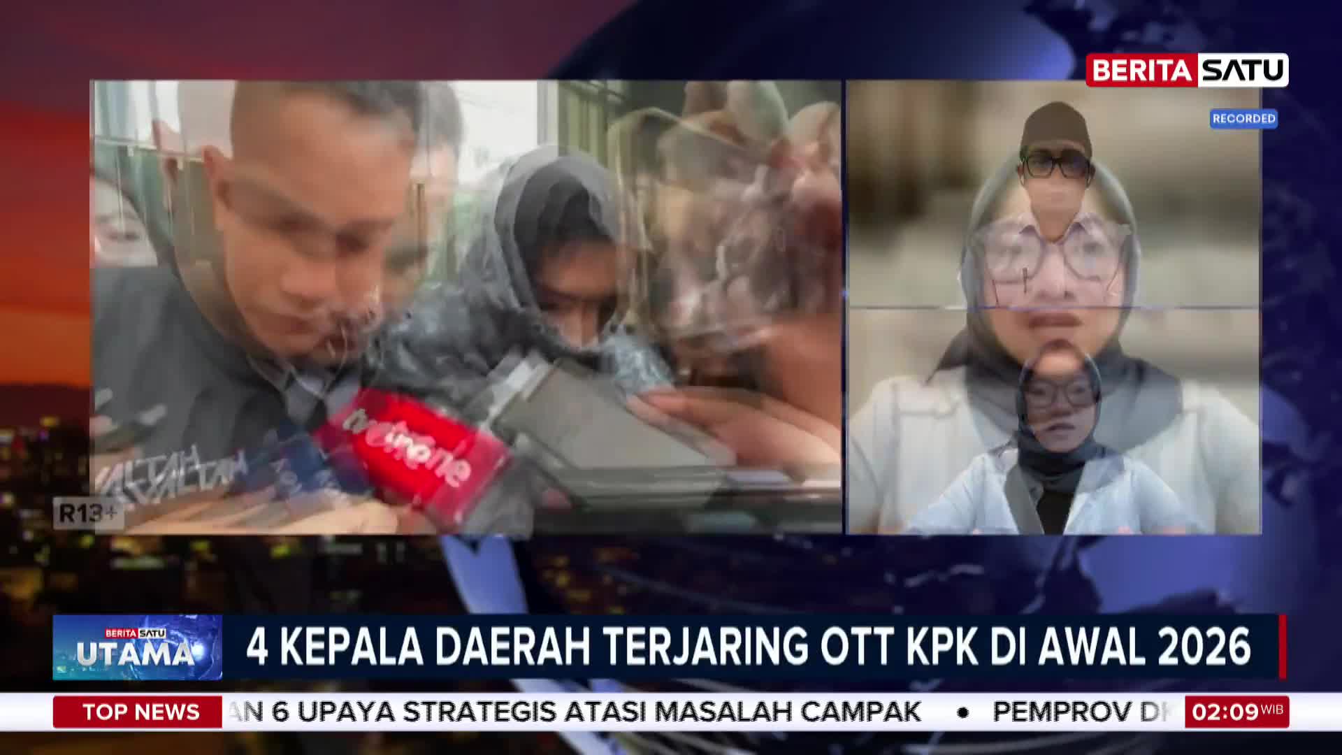 A man in a grey hoodie is being interviewed by a reporter holding a red microphone with "Supreme" written on it. Another screen shows a woman in glasses and a hijab speaking, with a superimposed image of herself.