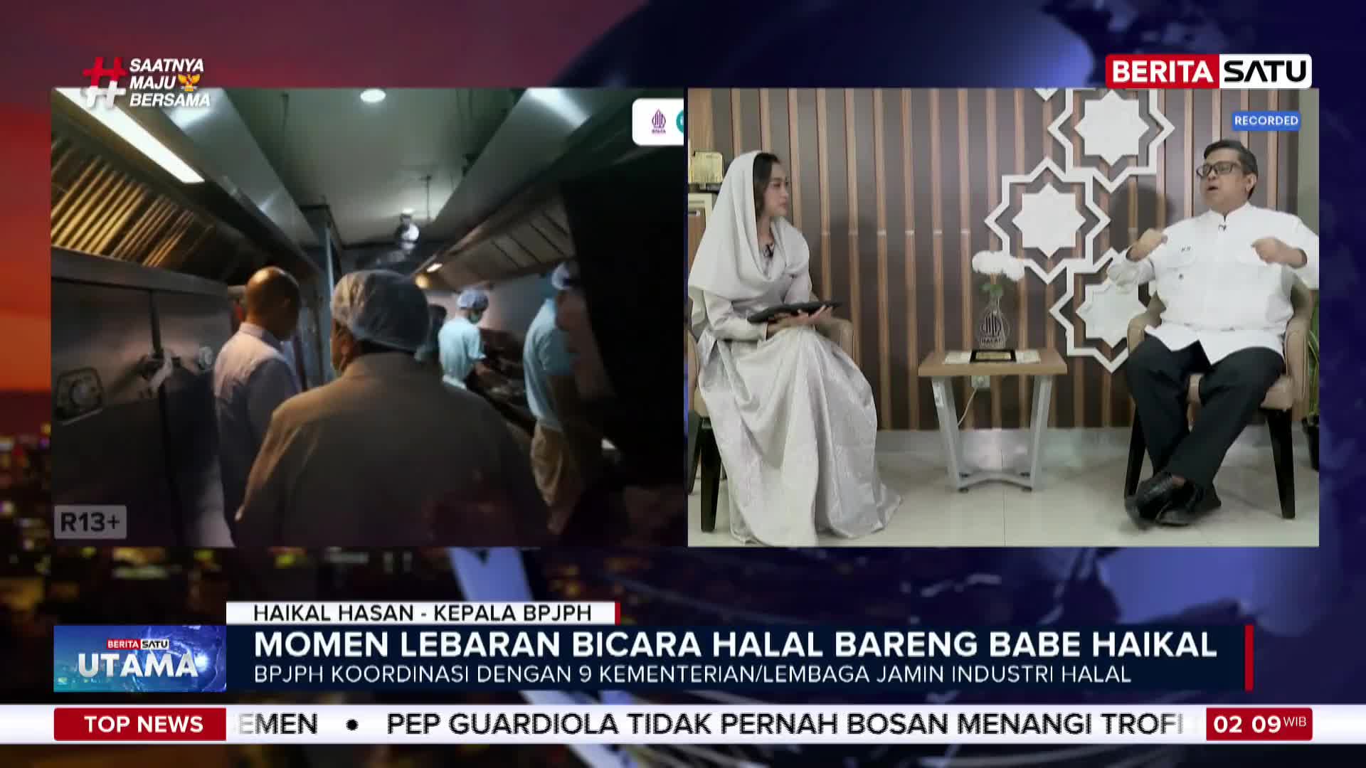 A group of men in hairnets work in a busy kitchen, illuminated by bright overhead lights. On a separate screen, a woman in a hijab sits opposite a man in a white chef's coat, engaged in conversation.