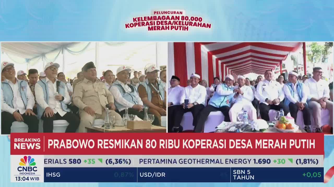 Under a red and white striped canopy, a group of men in white hats and vests are seated, some holding microphones. The CNBC Indonesia news ticker at the bottom reports on Prabowo's inauguration of 80,000 "Merah Putih" village cooperatives.
