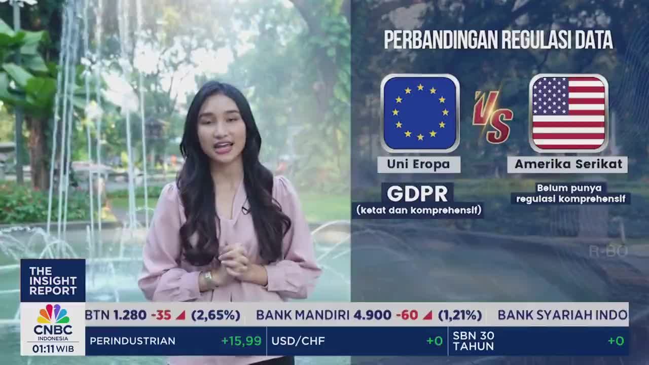 A woman in a pink blouse stands in front of a fountain, speaking on CNBC Indonesia. Graphics comparing data regulations in the EU and the US are displayed beside her.
