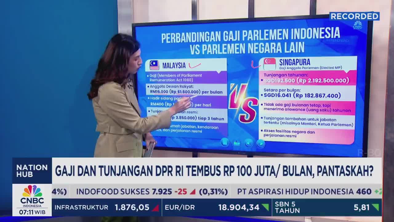 A woman in a tan blazer gestures with a pen toward a large screen displaying salary comparisons. The CNBC Indonesia graphic highlights the topic of Indonesian parliament members' salaries.
