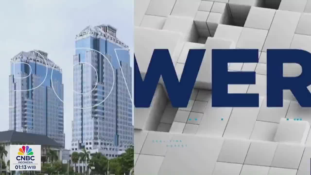 Two tall, modern buildings stand side-by-side, their glass facades reflecting the sky, while a CNBC Indonesia logo appears below. The word "POWER" in bold, blue letters dominates the right side of the screen, set against a geometric, white background.
