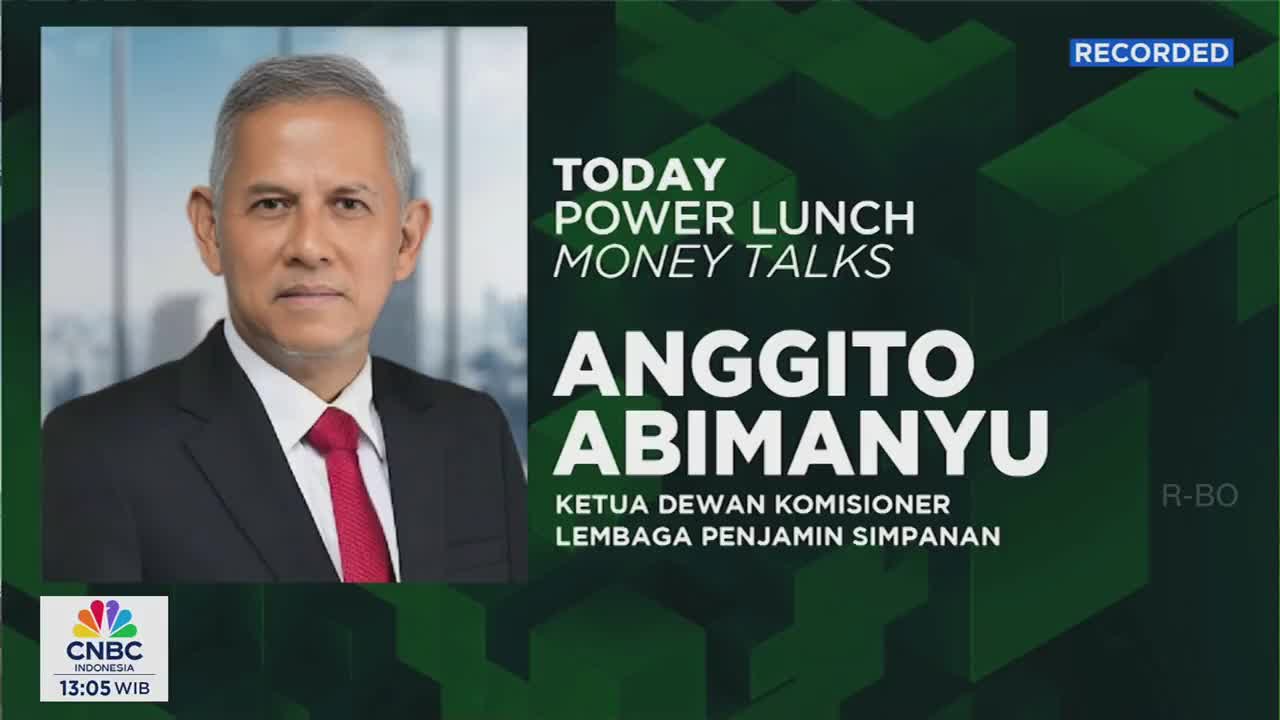 A man in a suit and tie, identified as Anggito Abimanyu, is featured on a CNBC Indonesia segment called "Today Power Lunch Money Talks." The "Recorded" stamp in the corner indicates the program is not live.
