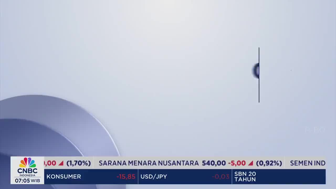 A semi-circle appears to be split in half by a vertical black line. The CNBC Indonesia logo and stock information sit at the bottom of the screen.
