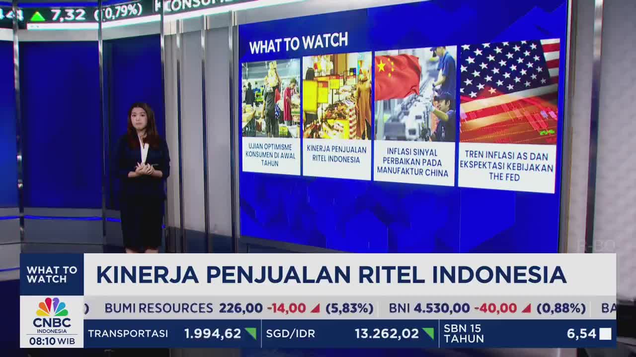 A woman in a dark suit stands before a large screen displaying financial news from CNBC Indonesia. The screen shows a collage of images, including a Chinese flag and the American flag, alongside headlines about retail sales and manufacturing.