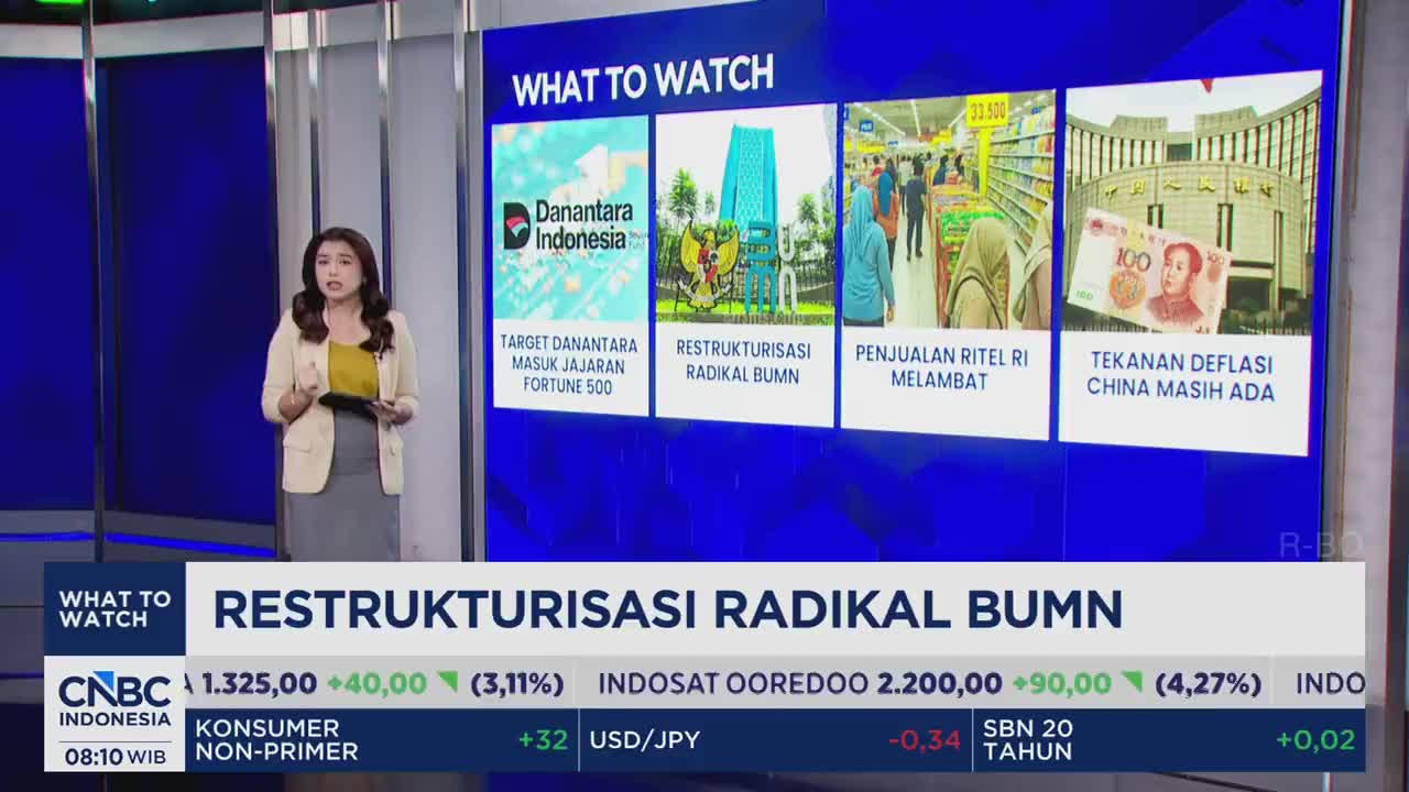 A woman in a cream blazer stands before a large screen displaying news headlines. The screen highlights "RESTRUKTURISASI RADIKAL BUMN," with smaller images showing a company logo, a modern building, shoppers in a supermarket, and a Chinese banknote. Below, stock tickers scroll by, with CNBC Indonesia branding visible.