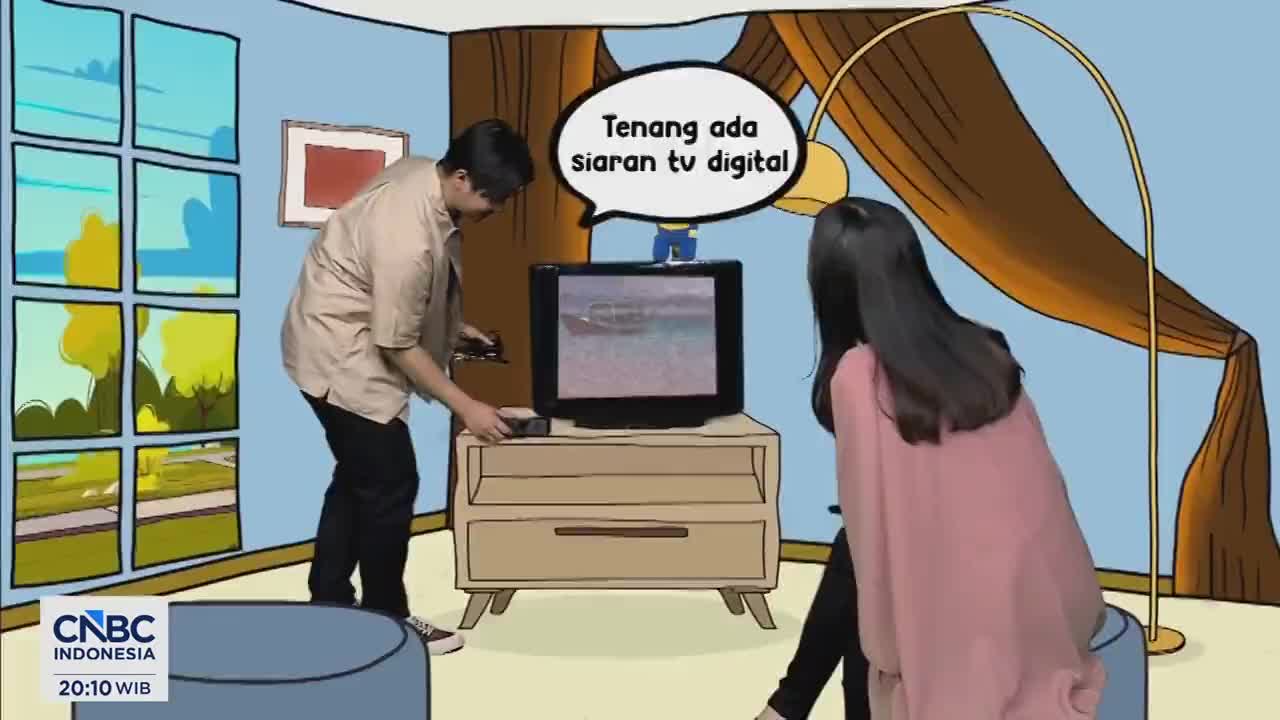 A man in a tan shirt fiddles with a remote, placing a black device on the dresser. A woman in a pink shawl watches the old television screen.