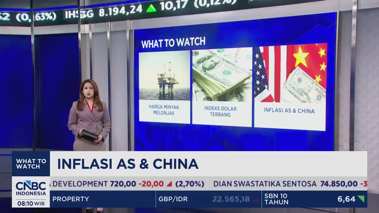 A woman stands before a screen displaying financial news from CNBC Indonesia. The screen highlights "What to Watch," featuring images of an oil rig, stacks of US dollars, and the US and Chinese flags with currency.